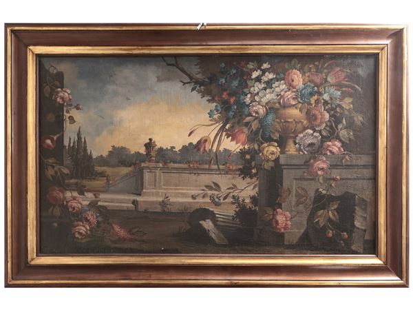 Vaso con trionfo di fiori su sfondo di parco