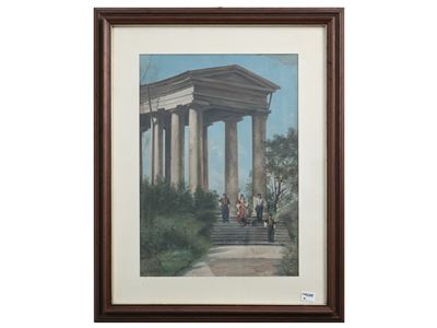 Veduta di Tempio con Personaggi in Abiti Tradizionali