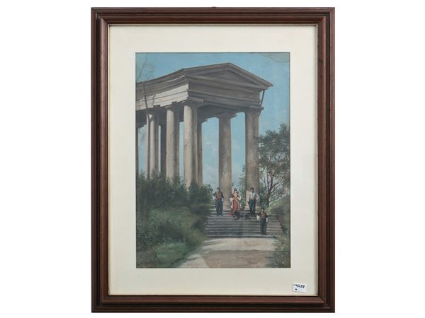 Veduta di tempio con personaggi in abiti tradizionali