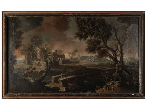 Scuola dell'Italia centrale del XVIII secolo - Paesaggio fluviale con ponte e personaggi