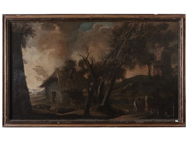 Scuola dell'Italia centrale del XVIII secolo - Paesaggio con veduta di casa e personaggi