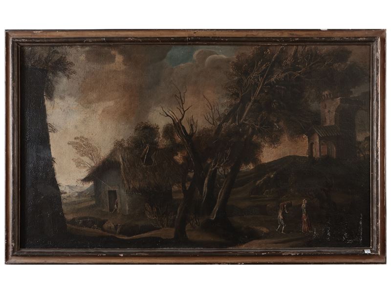 Scuola Dell'italia Centrale del XVIII Secolo - Paesaggio con Veduta di Casa e Personaggi