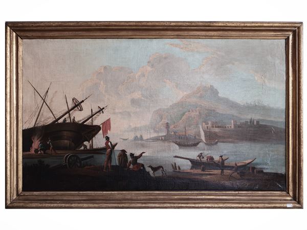 Scuola francese della fine del XVIII secolo,Scuola francese del XVIII/XIX secolo - Veduta di porto con personaggi