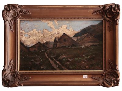 Autore non identificato, Paesaggio montano, olio su tavoletta, 1912