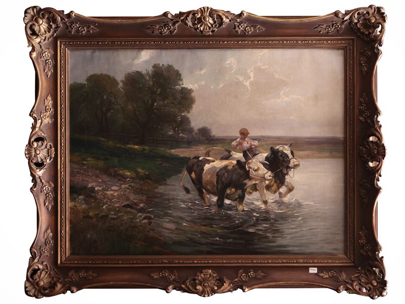 Da Heinrich Von Zugel (1850-1941) - Ragazzo che Cavalca Buoi Attraverso un Fiume