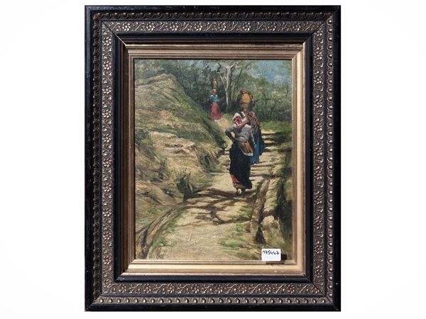 Scuola toscana dell'inizio del XX secolo - Scorcio di strada con contadine