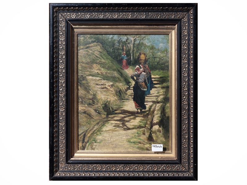 Scuola Toscana Dell'inizio del XX Secolo - Scorcio di Strada con Contadine