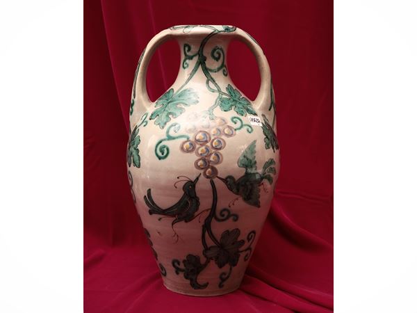 Enamelled terracotta amphora vase, probably the Sesto Fiorentino colonnade