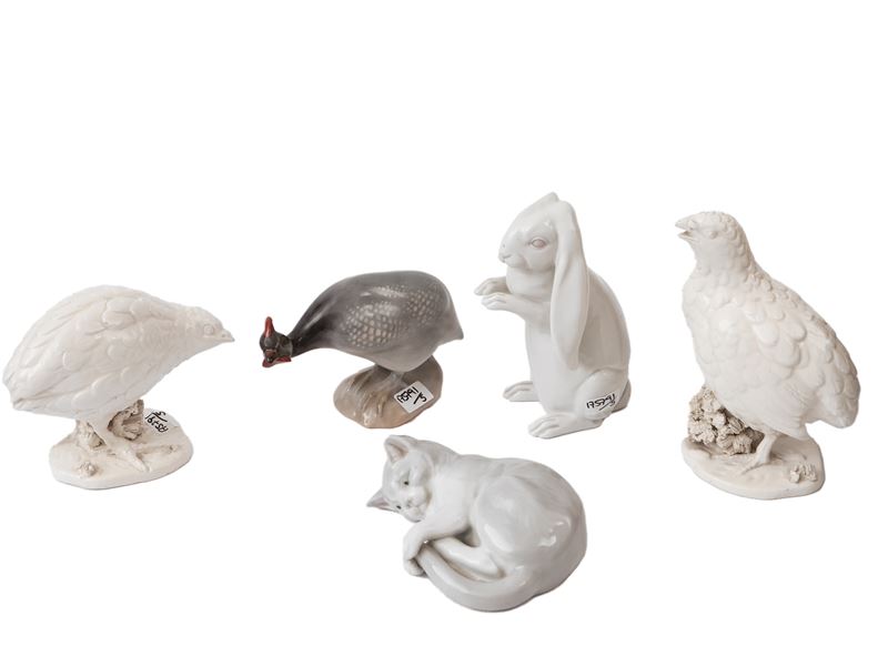 Ceramiche del Ferlaro, Curiosità animalier con coppia di figure: quaglie e faraona in porcellana ...