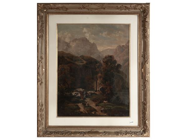 Scuola inglese della fine del XIX secolo - Paesaggio montano con figure