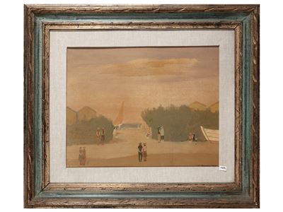 Veduta di spiaggia con figure, olio su cartoncino, 1964