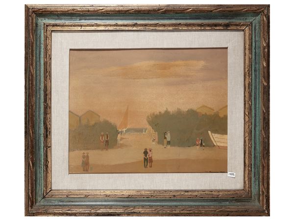 Marcello Boccacci : Veduta di spiaggia con figure 1964  - Asta Arte Moderna e Contemporanea - Maison Bibelot - Casa d'Aste Firenze - Milano