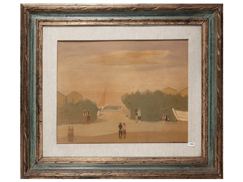 Marcello Boccacci - Veduta di spiaggia con figure, olio su cartoncino, 1964