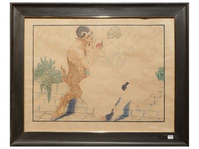 Autore ignoto, Satiro e figura femminile, tecnica mista su carta