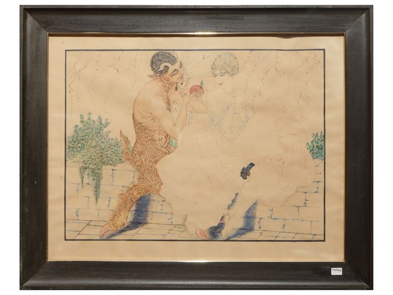 Autore ignoto, Satiro e figura femminile, tecnica mista su carta