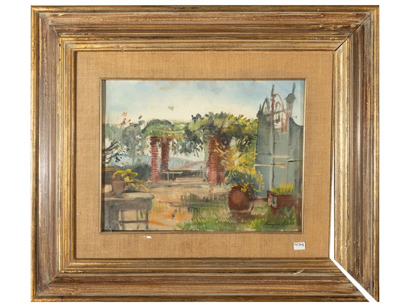 Romano Stefanelli - Scorcio di giardino, olio su cartone telato