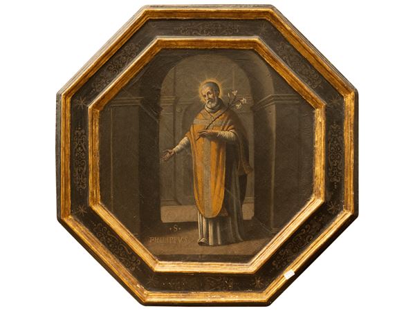 Scuola romana del XVII/XVIII secolo - San Filippo Neri all'interno di una chiesa