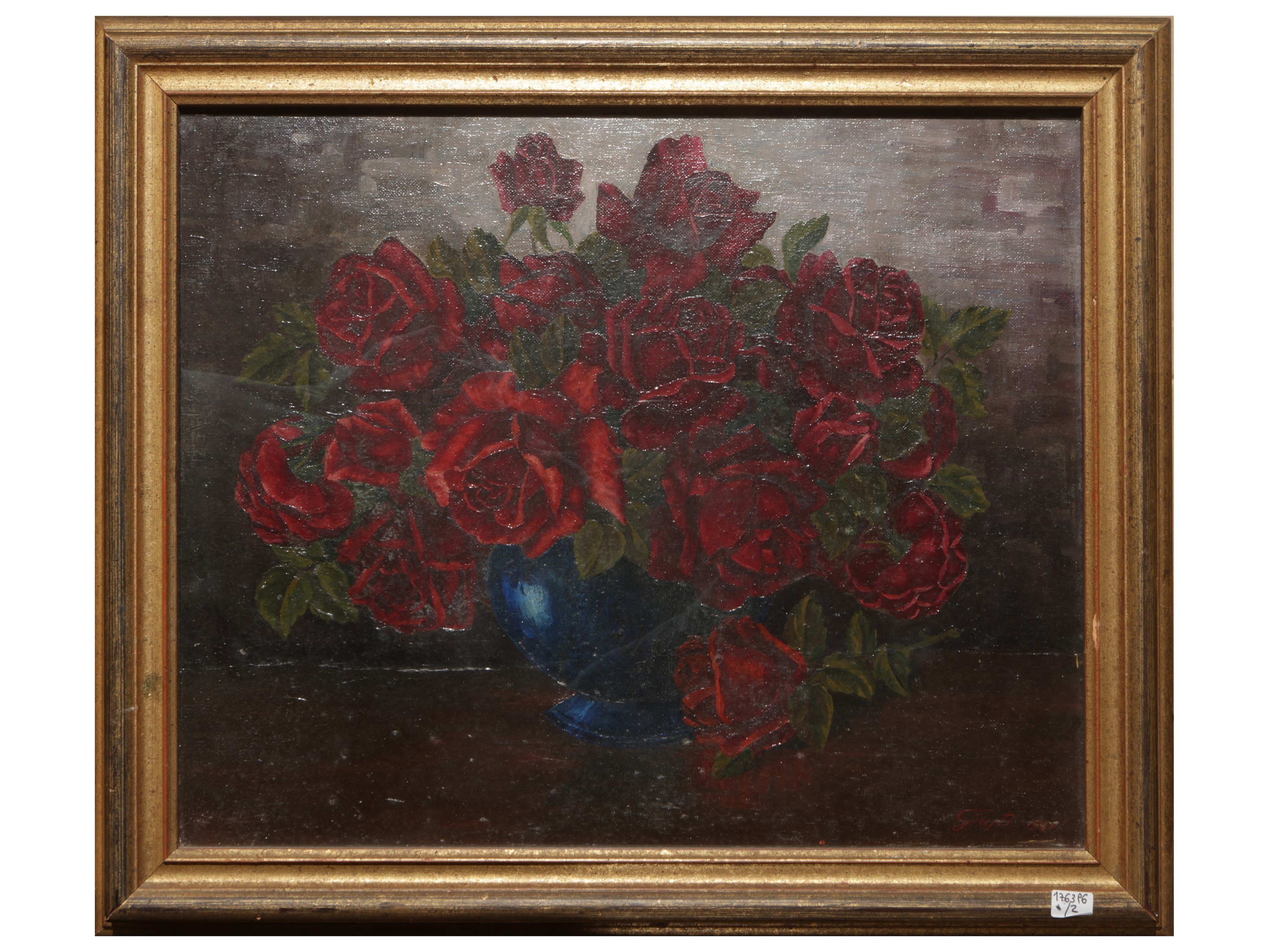 Jules Herpain, Ritratto di cagnolino (1901) e Giusti, Vaso di rose (1940)