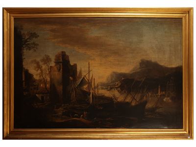 Cerchia di Joseph Vernet, Rovine di porto con stemma della famiglia Medici, olio su tela