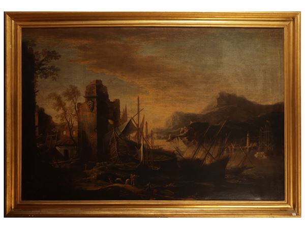 Cerchia di Joseph Vernet, XVIII secolo - Port ruins with Medici family coat of arms