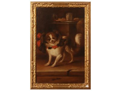 Ritratto di spaniel con fiocchi, olio su tela