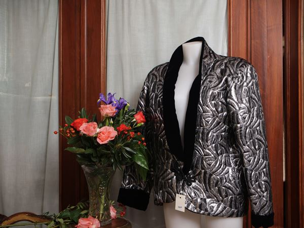 Evening jacket in silver laminated fabric
