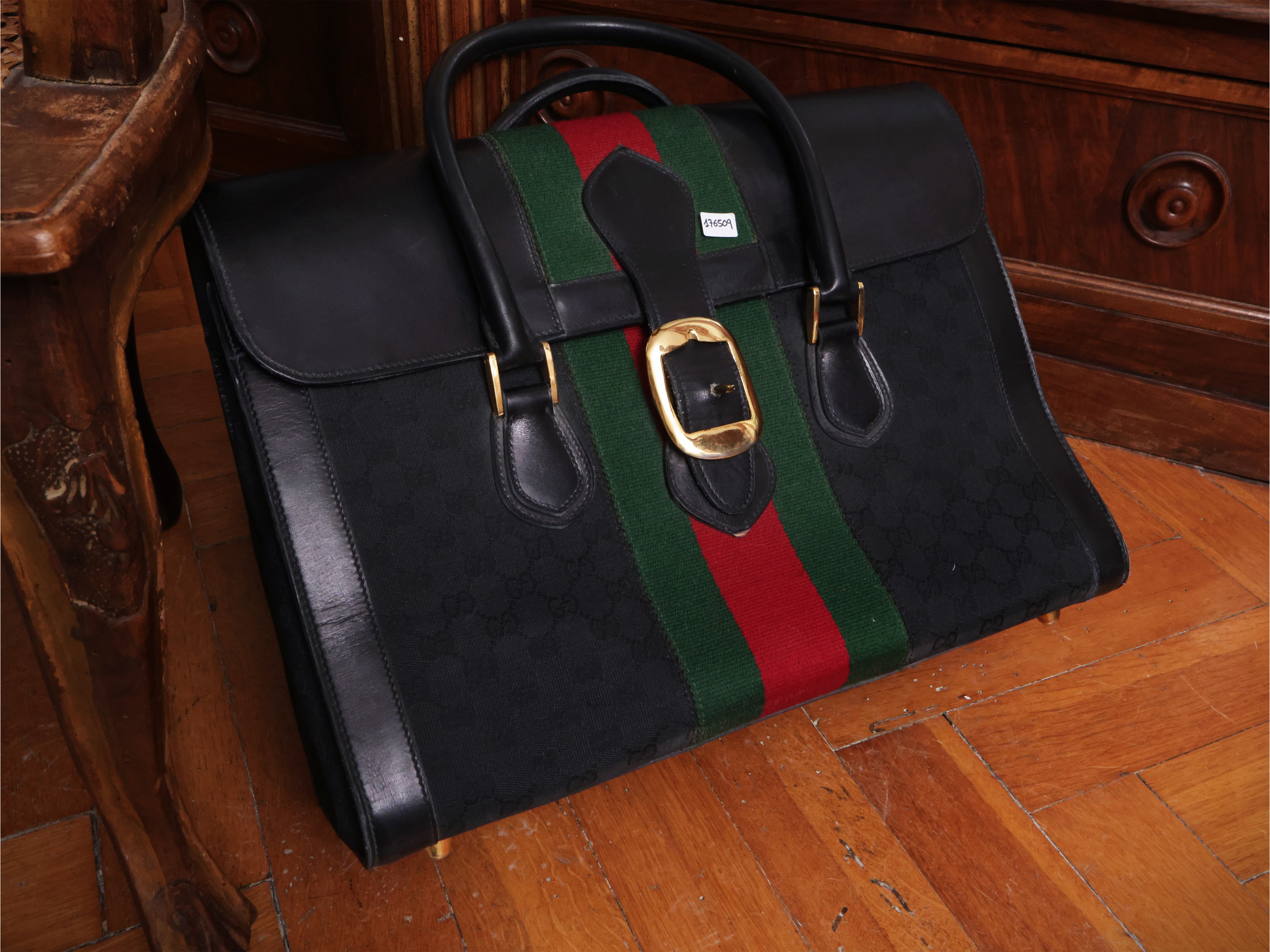 Gucci, Borsa Boston in pelle nera e tessuto monogram con passamaneria verde e rossa