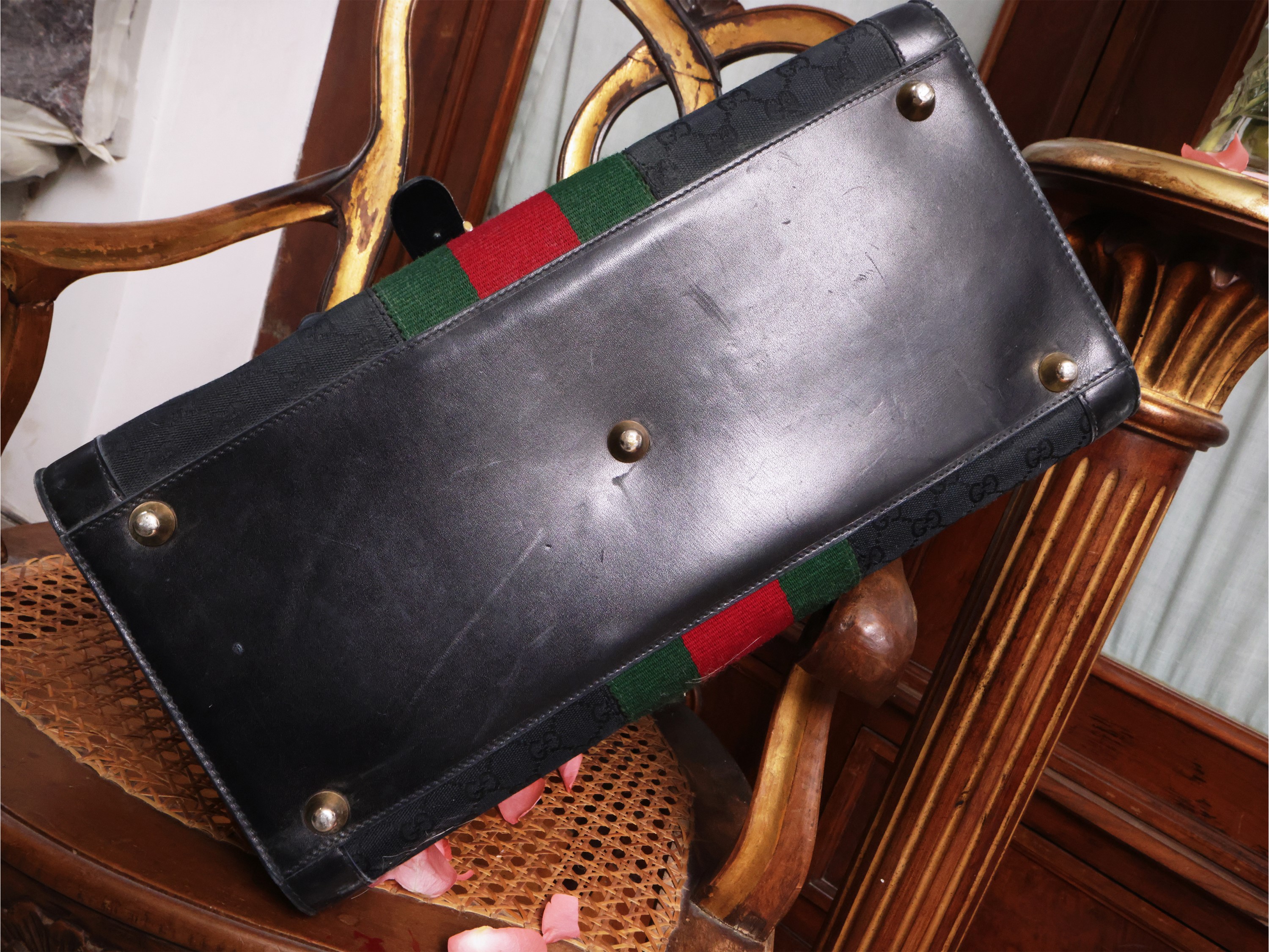 Gucci, Borsa Boston in pelle nera e tessuto monogram con passamaneria verde e rossa