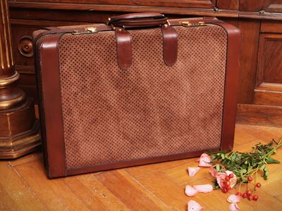 Etienne Aigner, Piccola valigia rigida in suede e pelle marrone con fantasia damier