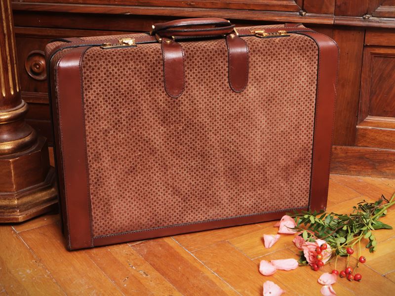 Etienne Aigner, Piccola valigia rigida in suede e pelle marrone con fantasia damier