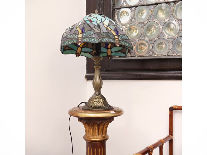 Lampada da tavolo in antimonio con elementi in pasta di vetro policroma