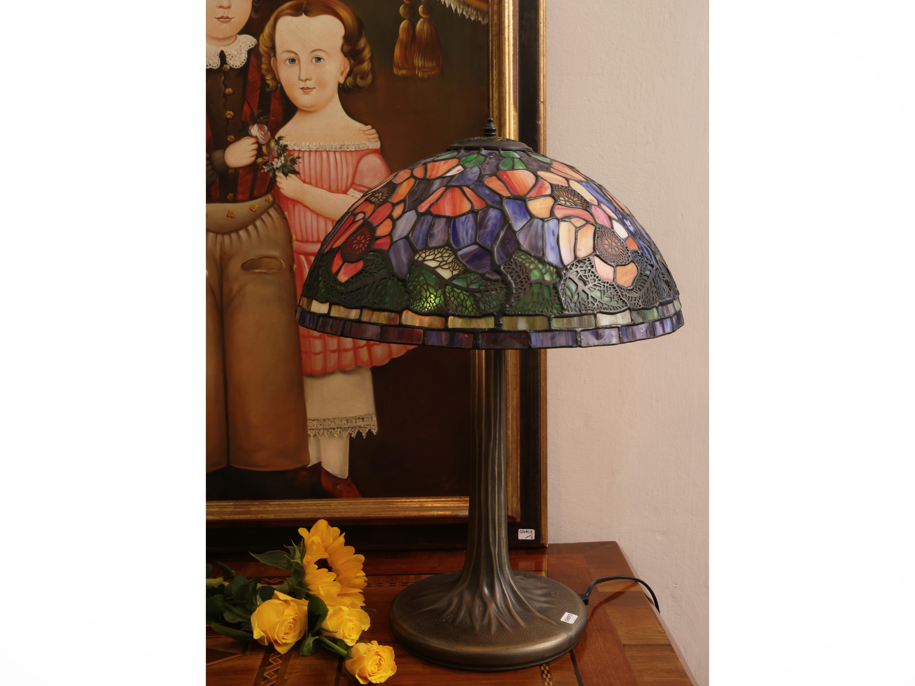 Lampada da tavolo in antimonio e pasta di vetro policromo