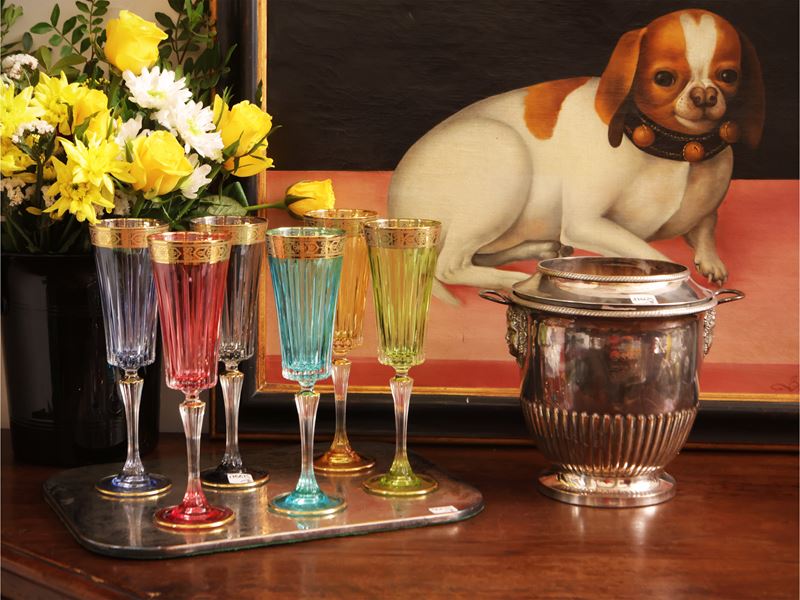 Accessori da aperitivo, Set di 6 flutes in vetro arlecchino con vassoio e rinfrescatoio