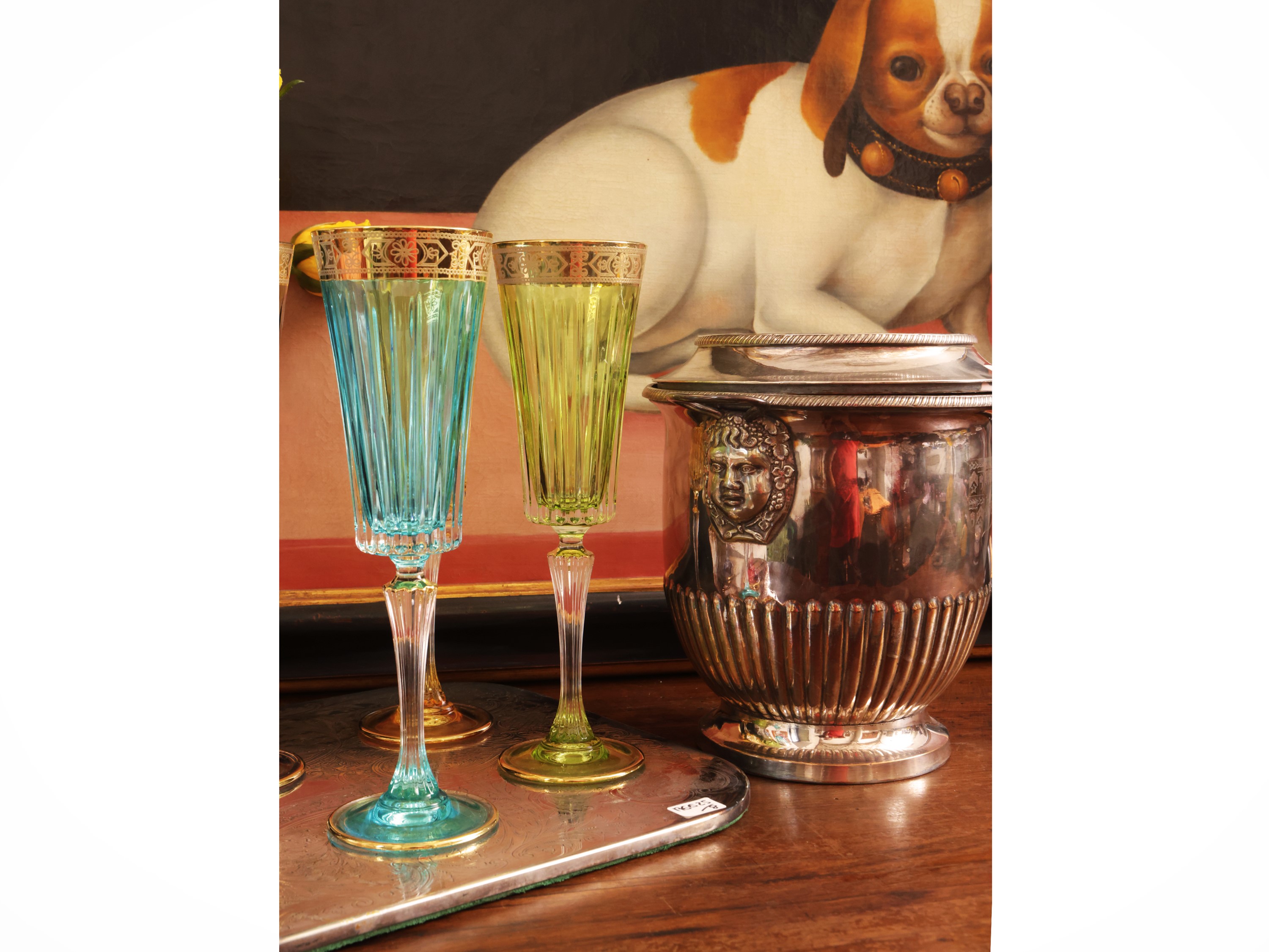 Accessori da aperitivo, Set di 6 flutes in vetro arlecchino con vassoio e rinfrescatoio