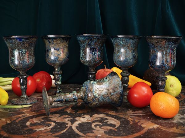 Series of ten blue blown glass glasses