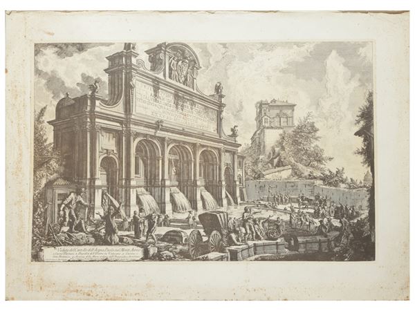 Giovanni Battista Piranesi : Veduta del Castello dell'Acqua Paola sul Monte Aureo  - Asta Asta di Natale - Maison Bibelot - Casa d'Aste Firenze - Milano