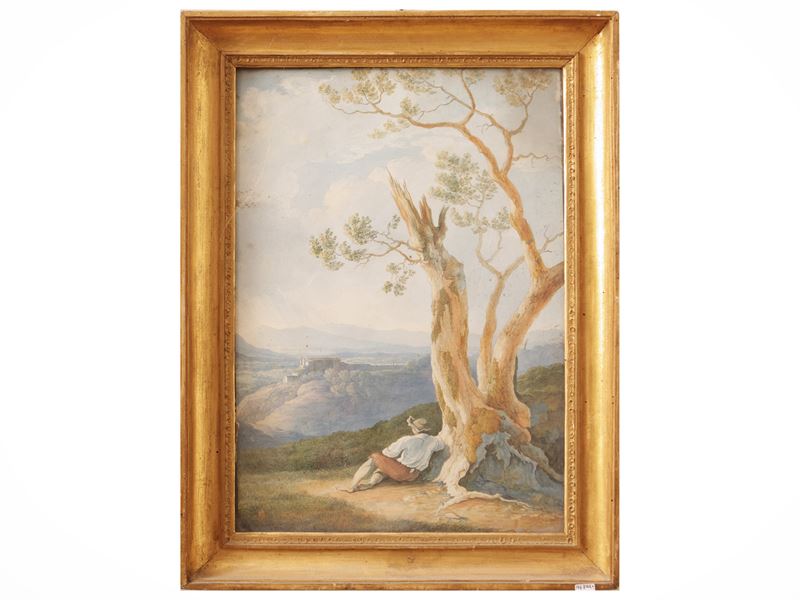 Scuola Francese del XIX Secolo - Paesaggio con figura maschile, acquerello su carta