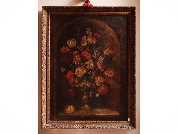 Cerchia di Francesco Caldei, detto Francesco Mantovano - Dead nature with flower pot in a niche