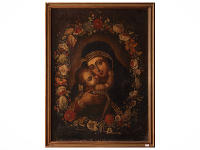 Scuola ispano-portoghese, Madonna con Bambino entro ghirlanda di fiori, olio su tela