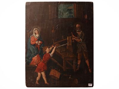 Giuseppe con Gesù Bambino e Maria nella sua bottega di falegname, olio su tavoletta