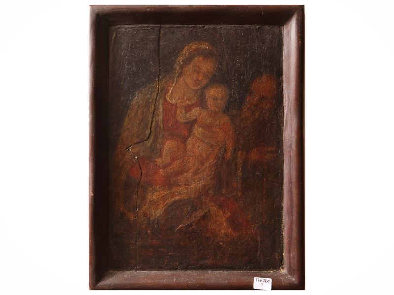 Scuola Italiana del XVII/XVIII Secolo - Madonna con Bambino e San Giuseppe, olio su tavoletta
