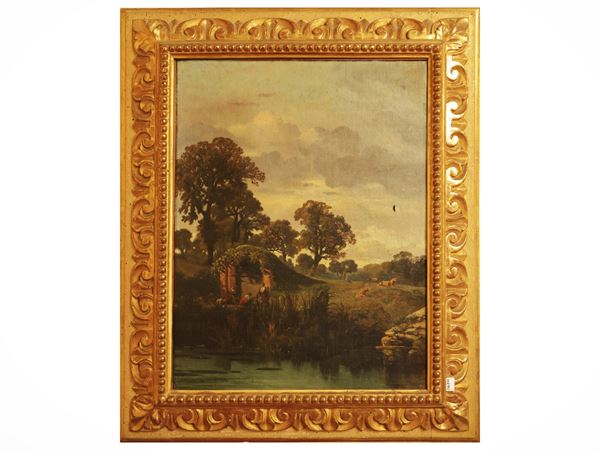 Charles Lefevre - Country landscape with ancient fountain, characters and herds 1861