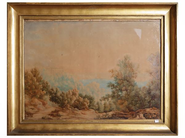 Scuola francese del XIX secolo - Romantic scene in a landscape