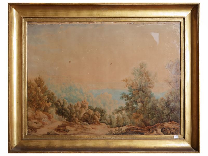 Scuola Francese del XIX Secolo - Scena galante in un paesaggio, tecnica mista su carta