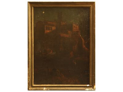 Paesaggio con architetture e personaggi, olio su tela
