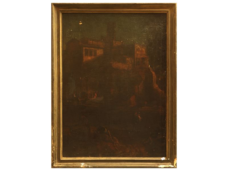 Scuola Napoletana del XVII/XVIII Secolo - Paesaggio con architetture e personaggi, olio su tela