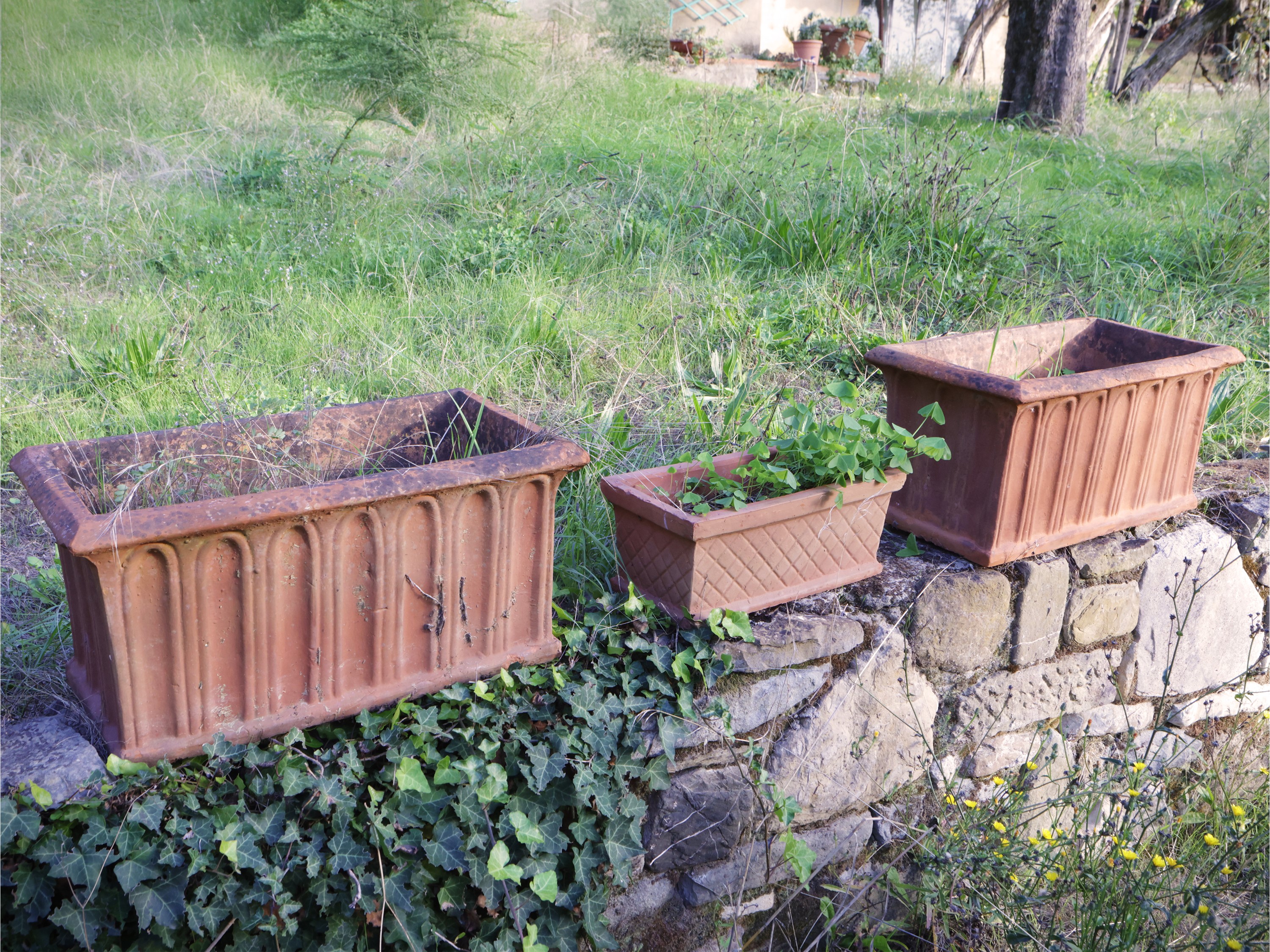 Sette vasi a cassetta in terracotta con decorazioni a festoni e motivo centinato