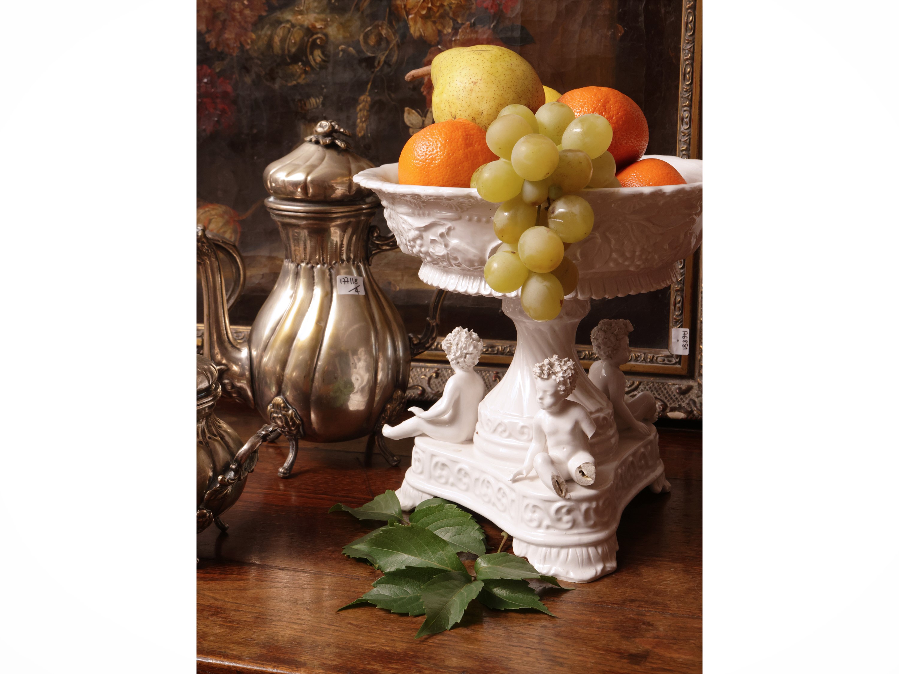 Set per servire tè e caffè, metallo argentato e ceramica di Bassano