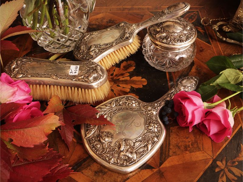 Set da toilette Art Nouveau in argento sterling 925