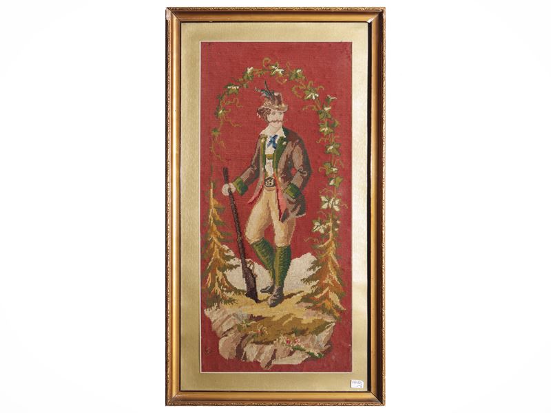 Gentiluomo e giovane, ricamo a piccolo punto e incisione in cornice